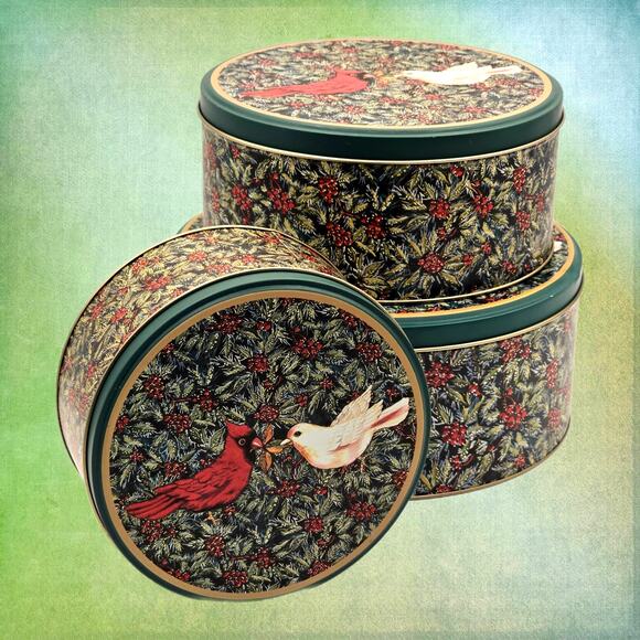 Merry Christmas Tin Storage Set - Cardinal, Dove, Floral Berry Design - Picture 1 of 8